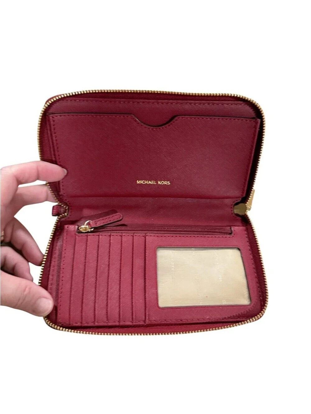 Michael Kors Women’s Red Solid Zip-Around Wallet w/ Zipper, Credit Card Slots